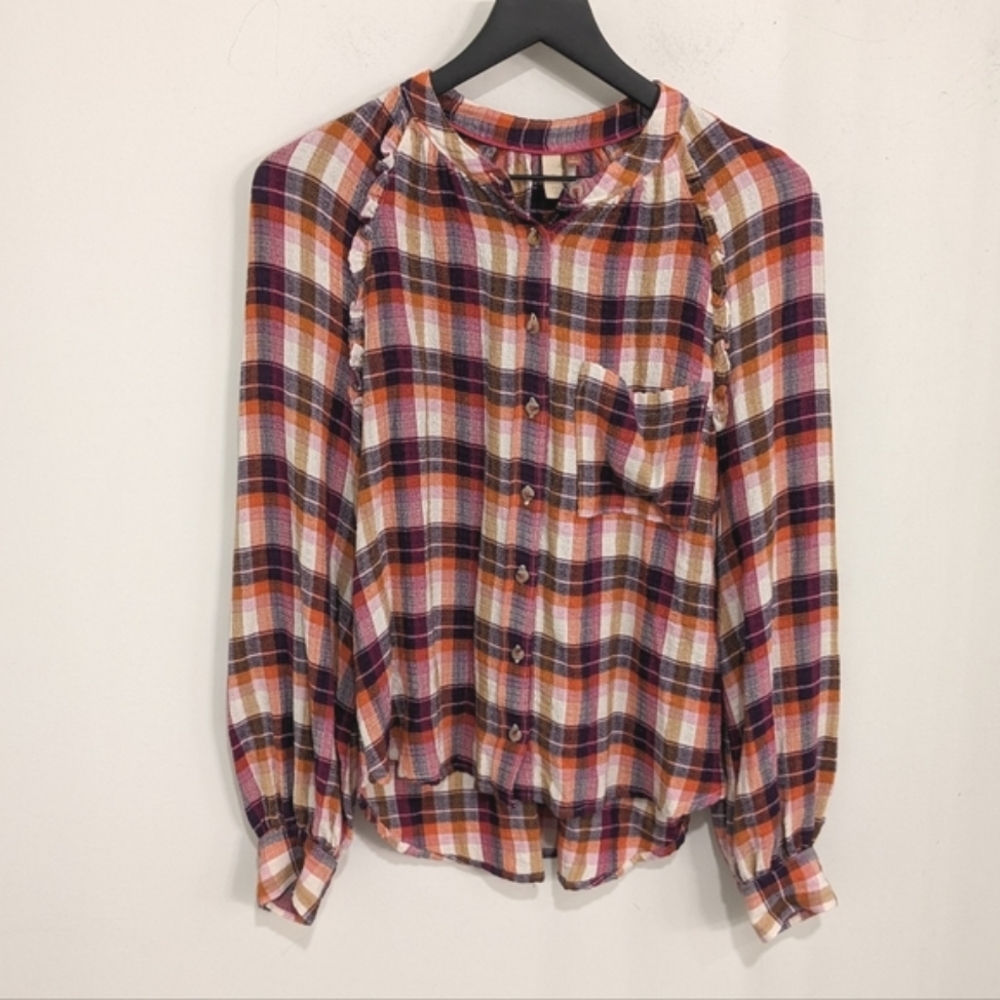 Anthropologie Pilcro Breezy Raspberry Plaid Flannel Button Up Shirt Puff Sleeve